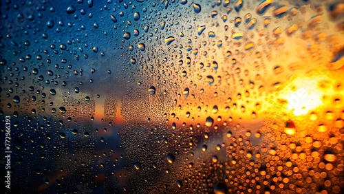 Sunset Raindrops Glass Reflection Warm Glow Evening Light Tranquil Scene Moody Atmosphere