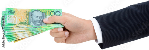 Businessman hand giving  money, Australian dollar (AUD) banknotes, PNG file no background