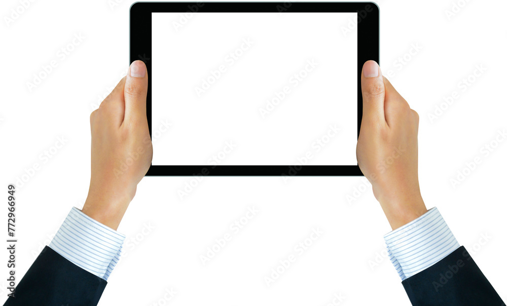 Hand holding tablet computer with empty screen, modern digital technology, PNG file no background - obrazy, fototapety, plakaty 