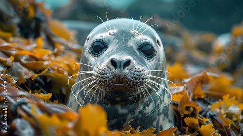 Close-up of a seal resting on seaweed
