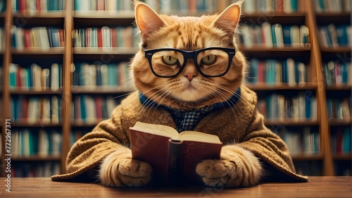 Academic Cat Reading Book - Perceptive Cat in Glasses - Educated Cat in Library - Knowledgable Pet - photo