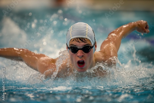 Intense male swimmer competing in butterfly stroke race, showcasing speed and strength. © cherezoff