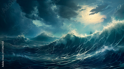 A painting capturing the grandeur of an immense ocean wave