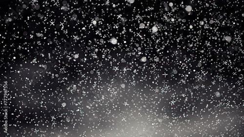 Snow falling in darkness with a white snowflake