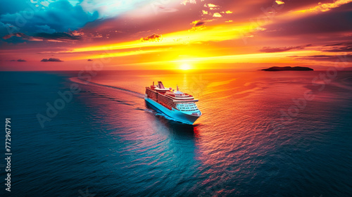 A cruise ship sails in the ocean during sunset, with the golden glow of the sun reflecting off the water