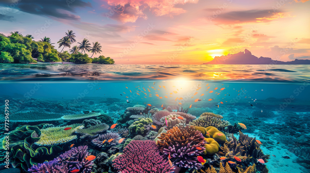A coral reef with a vibrant sunset in the background, showcasing the colorful marine life and the sun setting on the horizon - obrazy, fototapety, plakaty 