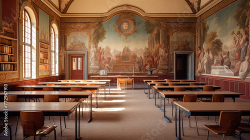 Room with tables, chairs, and a painting on the wall