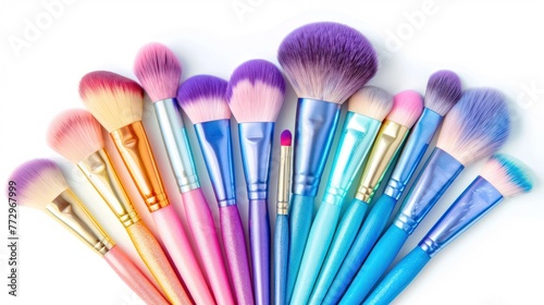 A collection of makeup brushes with colorful handles arranged in a fan shape.  photo