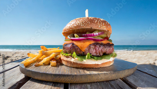 Wagyu Burger with fries on wooden at beach, concept of holiday, travel and leisure