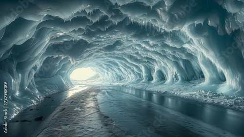 Icy cave with sculpted walls and frozen river