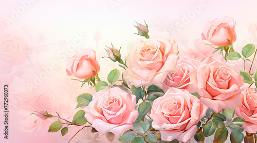 Many pink roses in vase on table