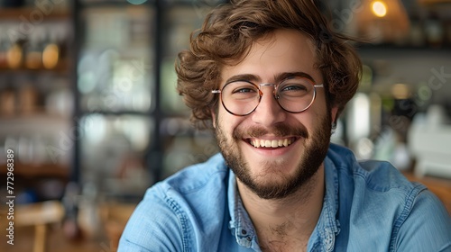 Smiling young man with glasses in a casual denim shirt at a cafe. Portrait of a cheerful guy with a beard. Friendly face, lifestyle moment captured. AI photo