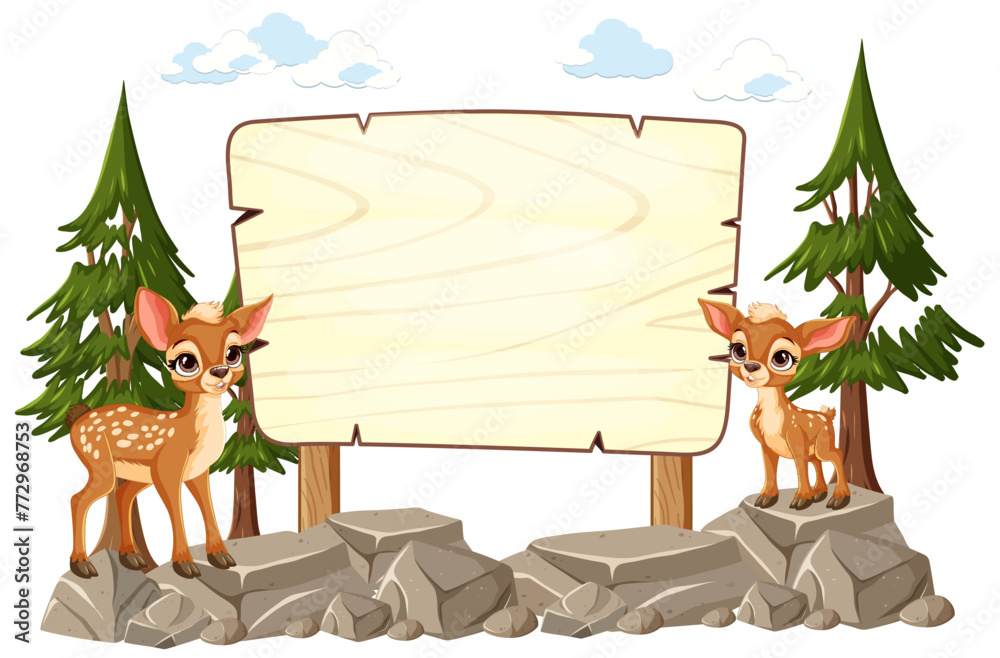 Two cute deer by a sign in a forest setting.