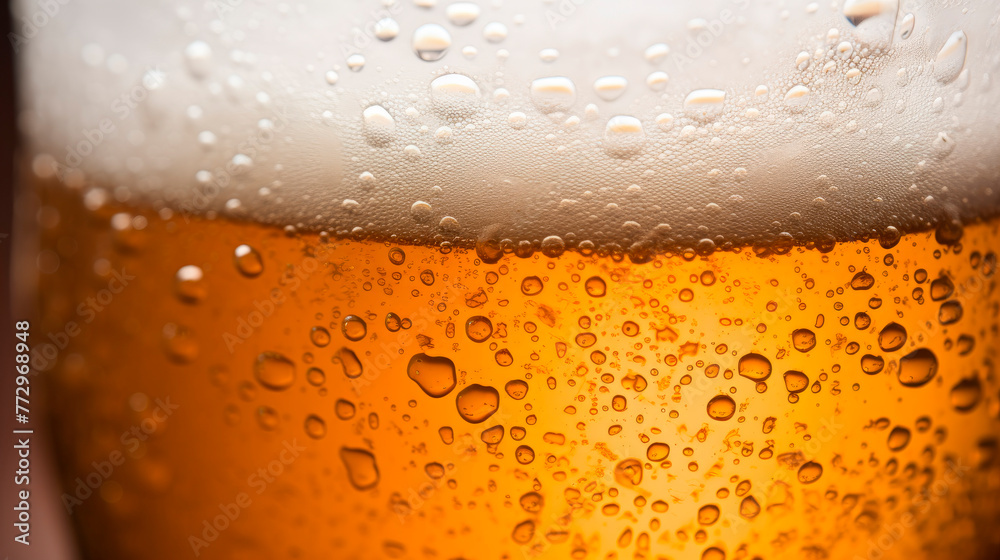 Glass of beer with water droplets in close-up view Glass of beer with water droplets in close-up view