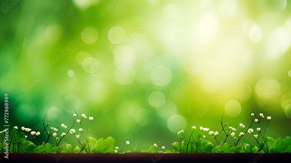 Obraz premium Green background with white flowers and abstract nature
