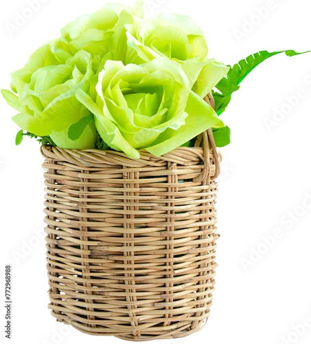 Green artificial roase flower bouquet in small wicker basket, PNG file no background photo