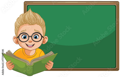 Cartoon boy reading book in front of chalkboard