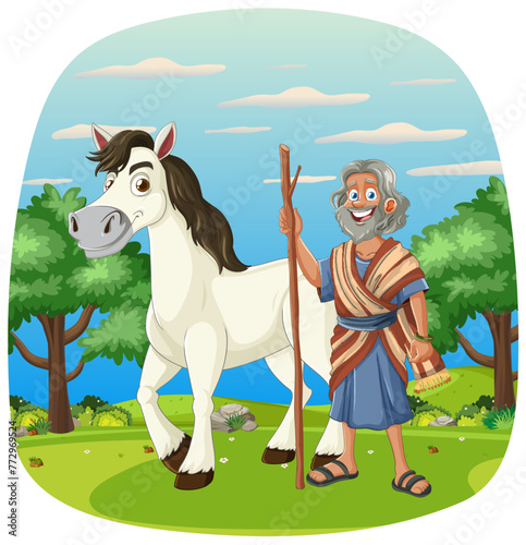 Elderly man with horse in a pastoral landscape.