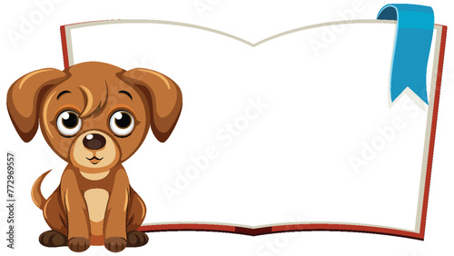 Cute brown puppy sitting by an open book