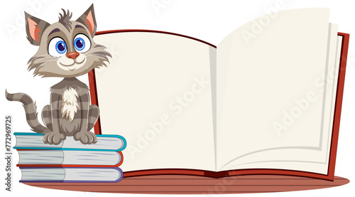 Adorable cat sitting on books by an open book