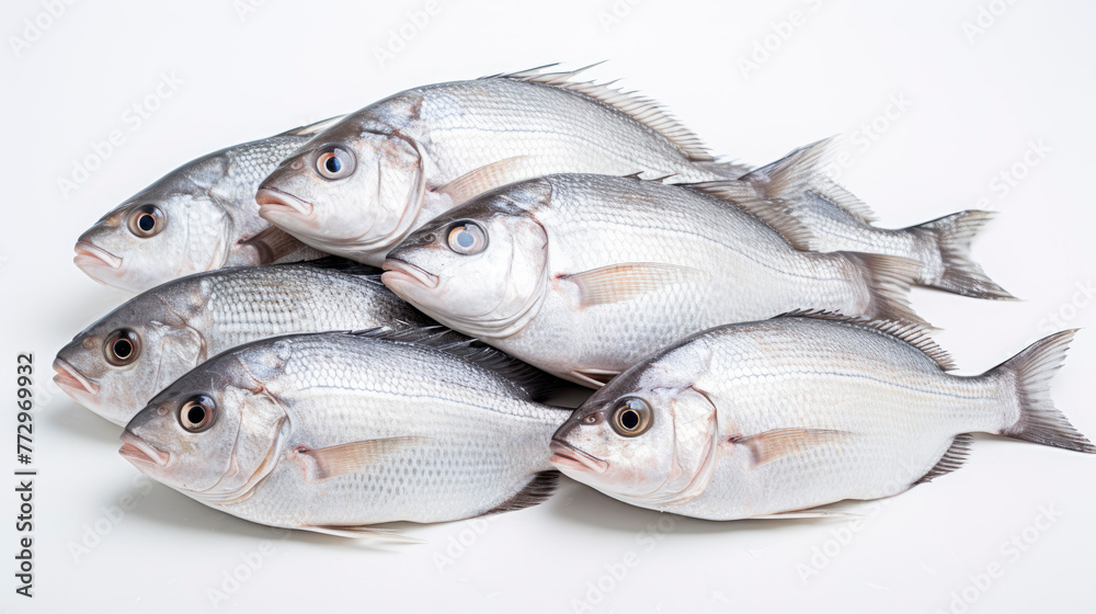 Five fish on a white surface