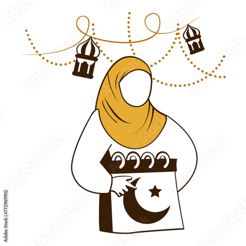 Muslim Woman Holding Islamic calendar Concept, Turkish Girl symbolizing the Hijri Crescent Moon Date vector Design,  Eid al Adha Eid ul Kabir Symbol, Hajj Sign, Muslims religious eve illustration