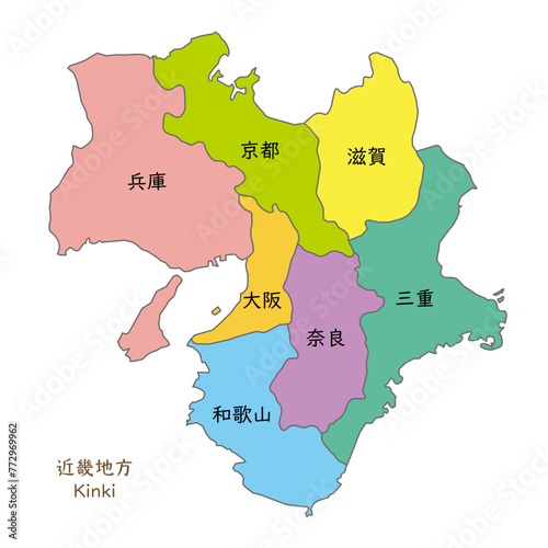 近畿地方の各県の地図、アイコン、日本語の県名入り