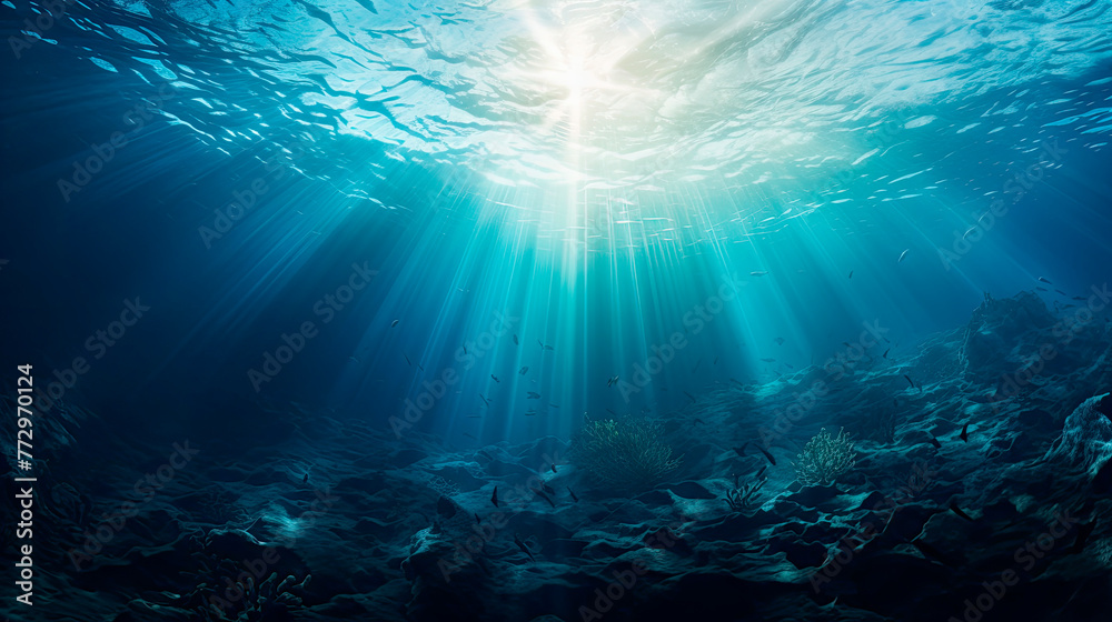 Sunlight shining through the water's surface in a deep blue ocean