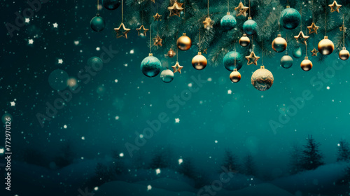 Christmas balls hanging on snow-covered tree