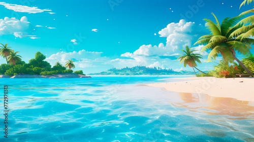 Tropical beach with palm trees and serene blue ocean