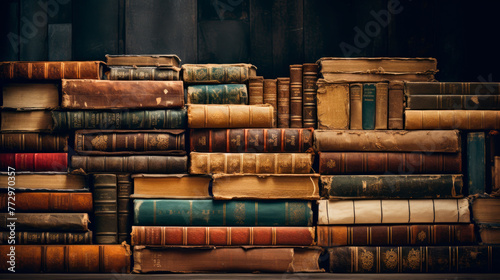 A pile of aged books on a shelf