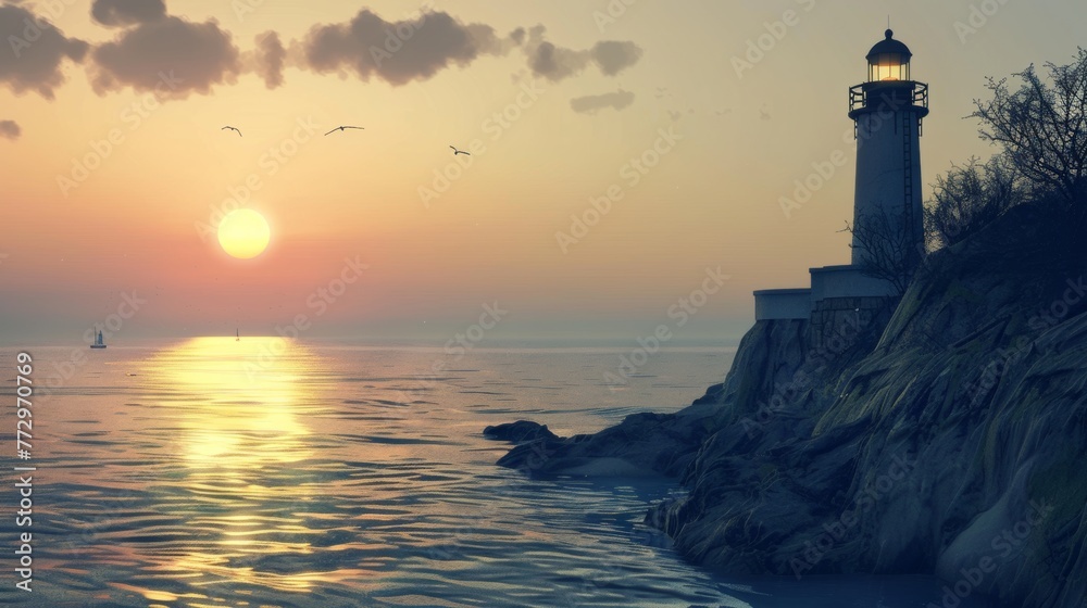 Sunset at the seaside with lighthouse