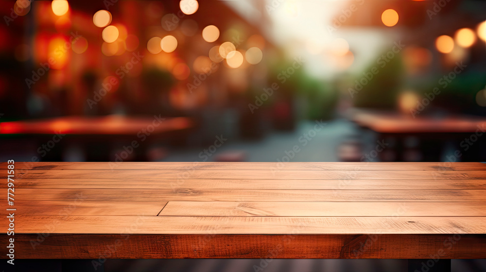 Empty wooden table with blurred background lights Empty wooden table with blurred background lights