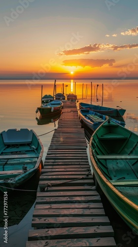Sunrise over calm lake with boats