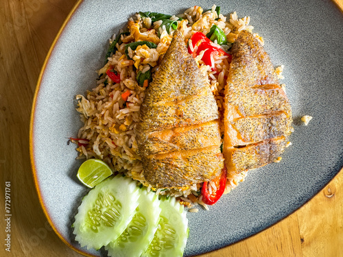 Fried rice with Gourami on plate, Thai food