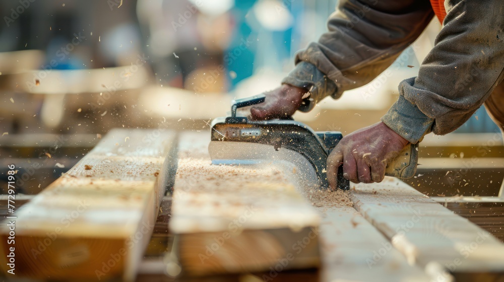 A worker using a saw to cut lumber on a construction site. 