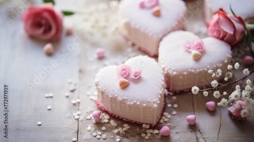 A table with three pink heart shaped cakes and pink roses