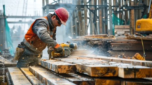 A worker using a saw to cut lumber on a construction site