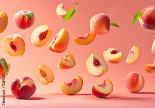 fresh juicy floating peaches and slices isolated on plain pink color studio background © Ricky