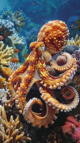 Octopus in its natural coral reef habitat