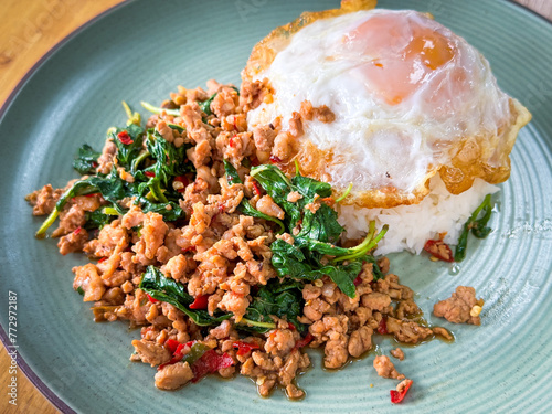 Rice topped pork with Thai basil and fried egg