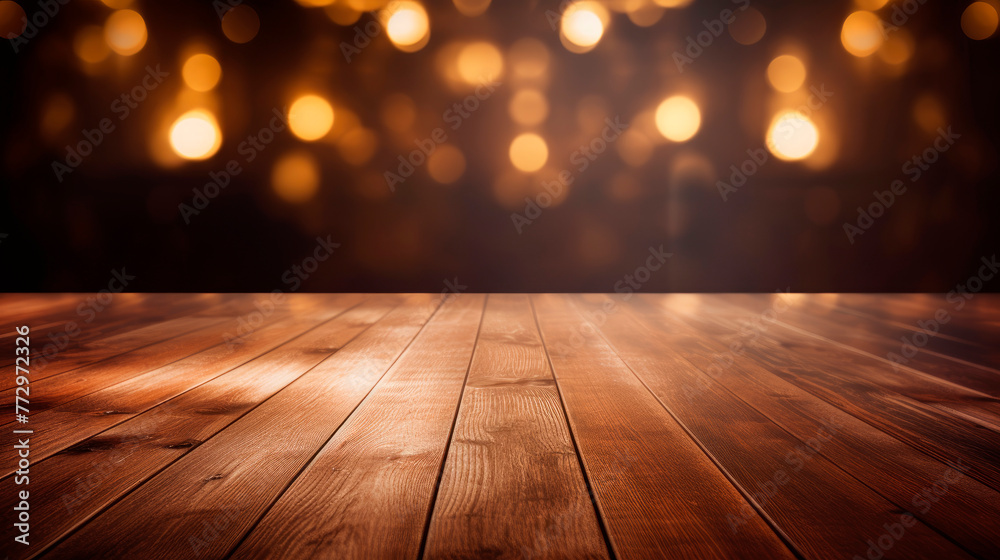 Wooden table with illuminated lights in the background