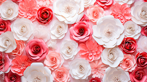 Pink and white paper flowers close up on a wall © StockKing