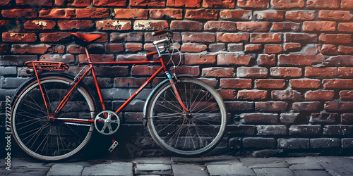 Antiga bicicleta vermelha estacionada contra uma parede de tijolos antiga photo