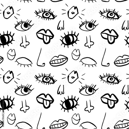 Hand drawn eyes, lips, noses seamless pattern, quirky doodle vector background