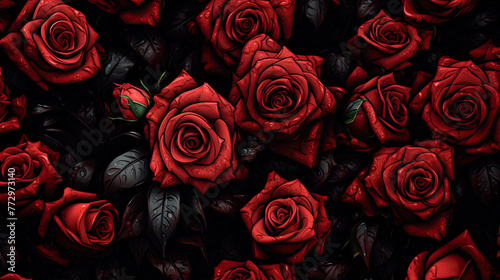 Fototapeta Naklejka Na Ścianę i Meble -  Close up of red roses with dark foliage