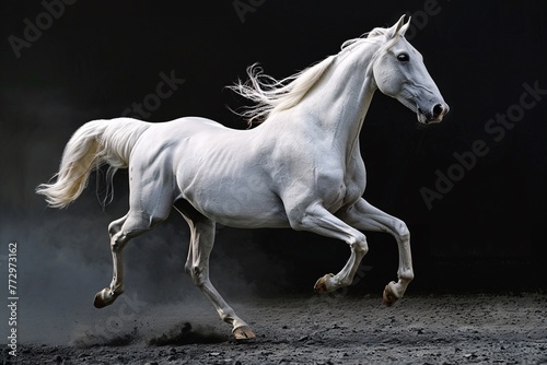 a white horse running on dirt