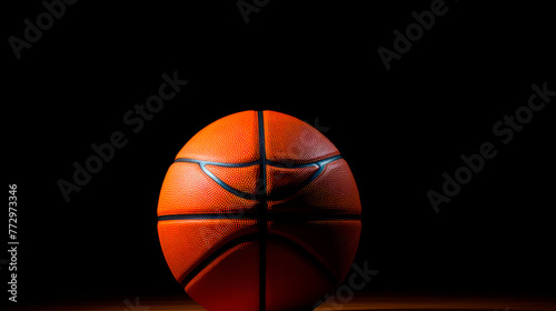 Basketball ball on wooden floor photo