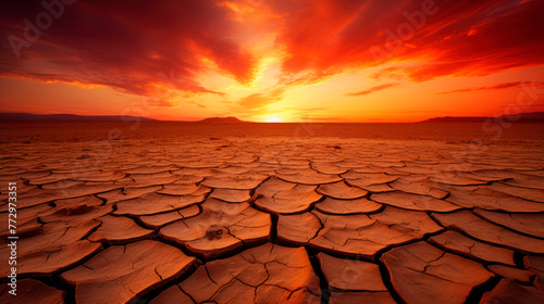 Red sunset over cracked desert with clouds