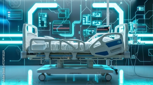 Hospital Bed  Represents patient care and hospitalization  Medical concept  futuristic background